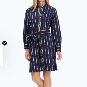 Foxcroft Rocca Long Sleeve Shirt Dress Navy Keychain Stripe Cotton Sateen Size M